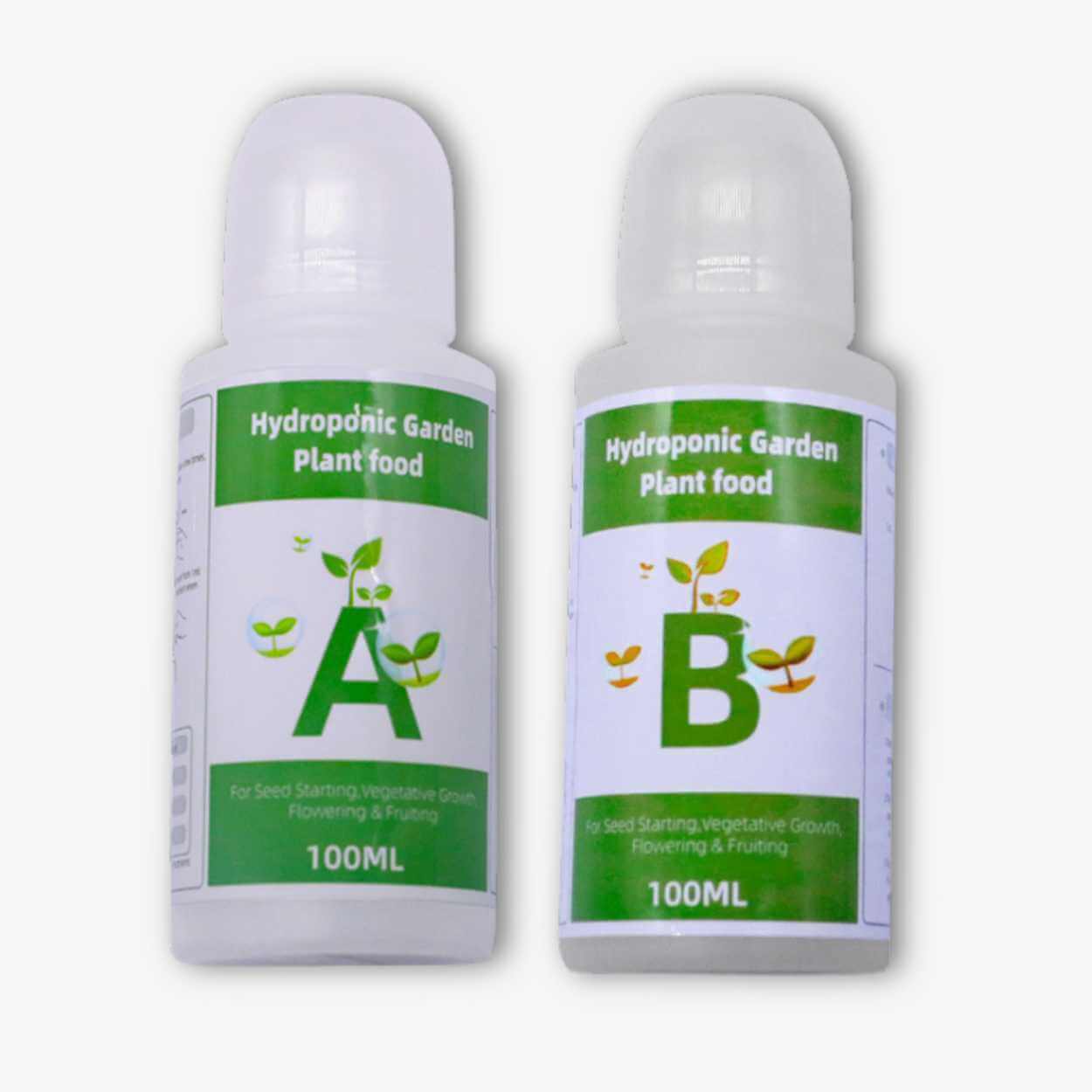 Two 100 ml bottles labeled A and B for hydroponic garden nutrients..jpg